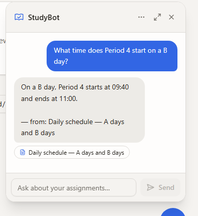 The StudyBot chat answering a question and citing the school page it came from