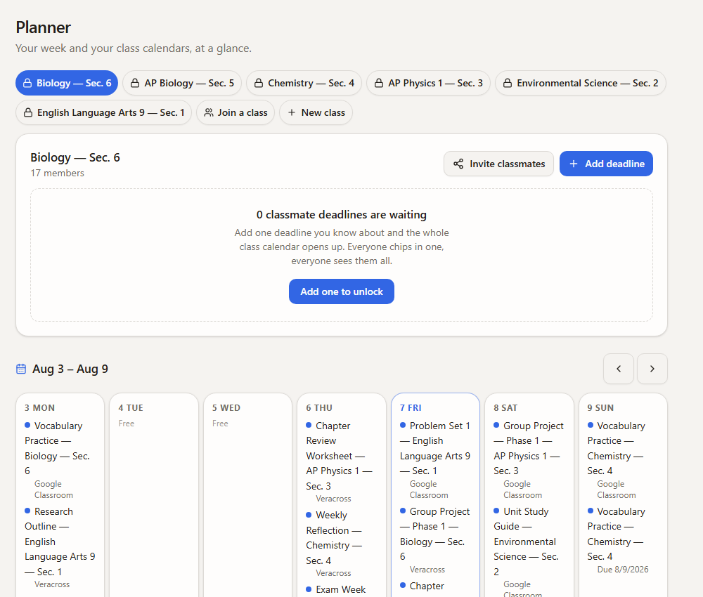 The class calendar with shared deadlines across the week