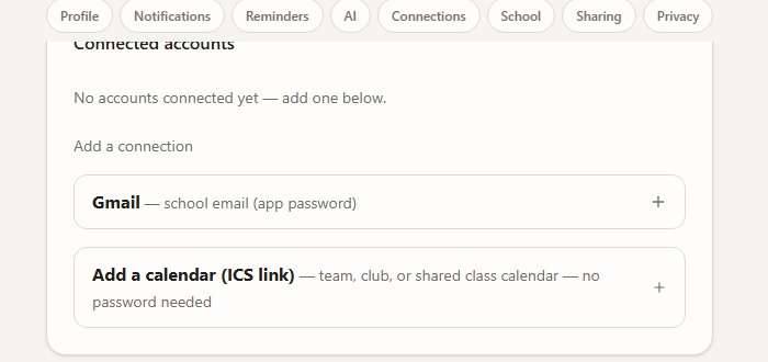The connections screen showing which school sources are linked