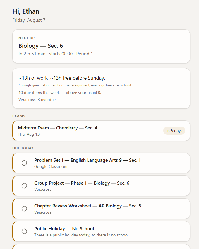 The StudyBot daily page, showing today's classes and the two things due first